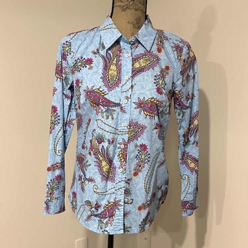 Talbots blue Floral Paisley Button-Up Cotton Shirt Size XS